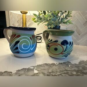 Handcrafted Mexican Ceramic Art Mugs - Blue and Green